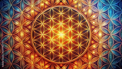 Intricate Sacred Geometry Design A Vibrant Tapestry of Interlocking Flower of Life Patterns in Warm and Cool Hues