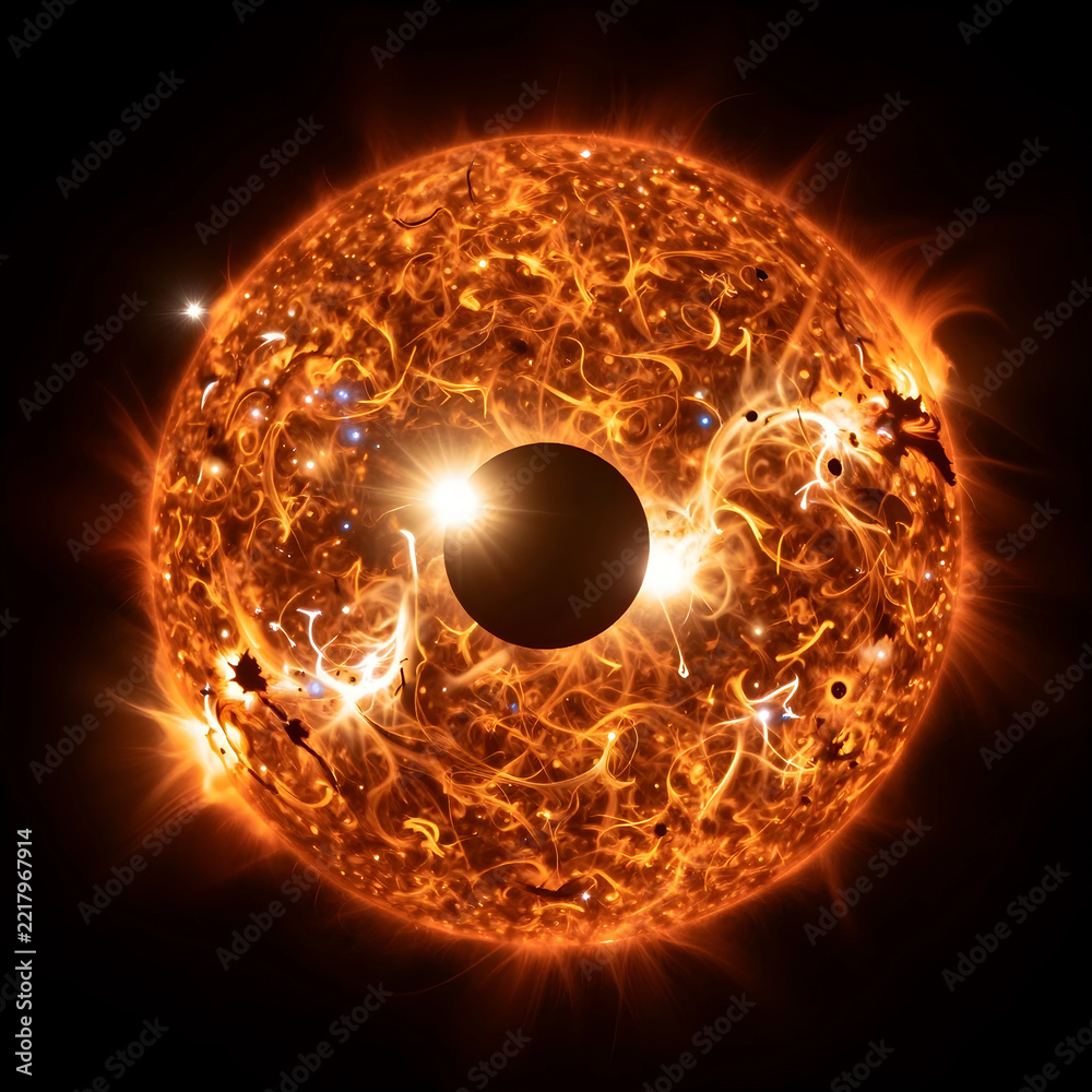 Fototapeta premium Astronomy and space exploration, solar eclipse with glowing sun corona and plasma flares in deep space, cosmic phenomenon and celestial event