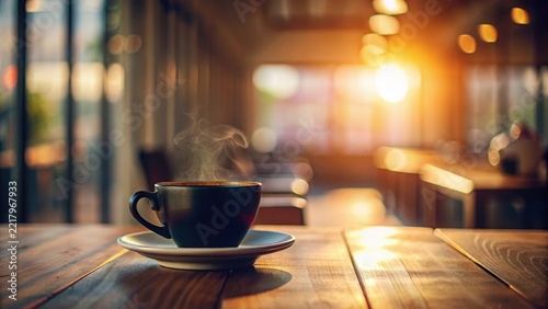 Aromatic Steam Rising from a Dark Mug of Coffee on a Rustic Wooden Table in a Sunlit Cafe