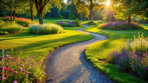 Serene Garden Path at Sunrise A Winding Gravel Walkway Through Lush Green Lawns and Vibrant Flowerbeds, Bathed in the Golden Light of the Morning Sun