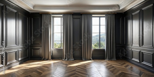 Elegant Dark Wood Paneling Room with Draped Curtains and View