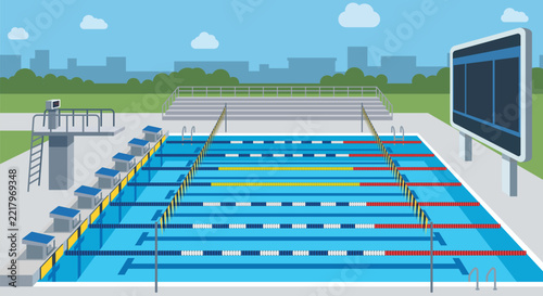 outdoor swimming pool complex racing lanes, starting blocks, a diving tower, bleachers, and a large electronic scoreboard. Blue water, clear skies, sports, athletics