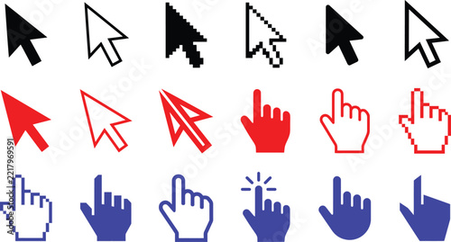 Set of mouse cursors and hand pointer icons in black, red, and blue vector illustration