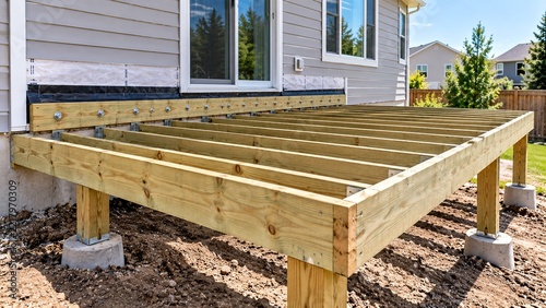Residential backyard showing new pressure-treated deck frame with evenly spaced joists supported by beams and posts before decking boards are installed