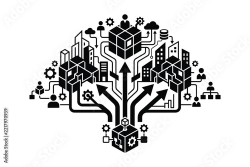 Black and white vector icon illustration showing a data tree diagram with digital connection nodes city buildings and arrows flowing upward
