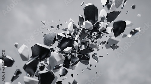 Black brushed metal and white stone fragments exploding in mid air on gray background, abstract 3D render
