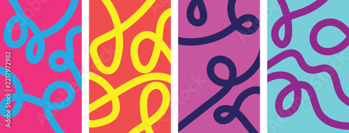 Abstract colorful looping line pattern collection, vibrant modern curves, playful decorative backgrounds for branding, posters, textiles, packaging, wallpaper, digital design