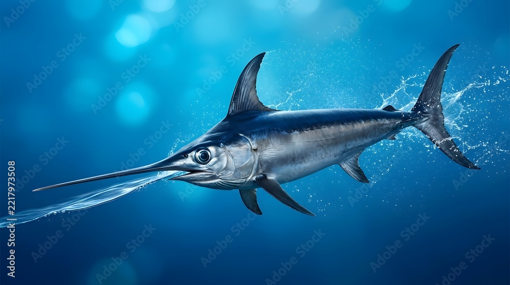 Obraz premium Marlin fish jumping in blue ocean water for sports fishing and marine wildlife photography. Sea animal, billfish and aquatic nature with predator, salt water, splash and wave for hobby and leisure
