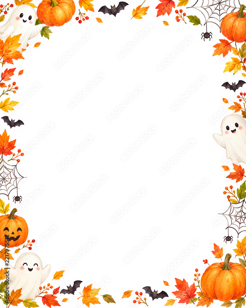 Fototapeta premium Cute watercolor Halloween frame with friendly ghosts pumpkins autumn leaves and spiderwebs with copy space on white background