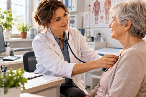 Doctor examining senior patient with stethoscope during medical checkup