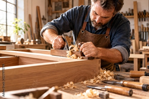 Carpenter planing wood in workshop creating furniture