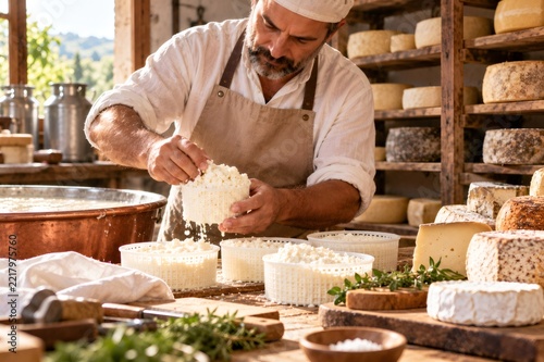 Artisan cheesemaker crafting fresh cheese curds by hand