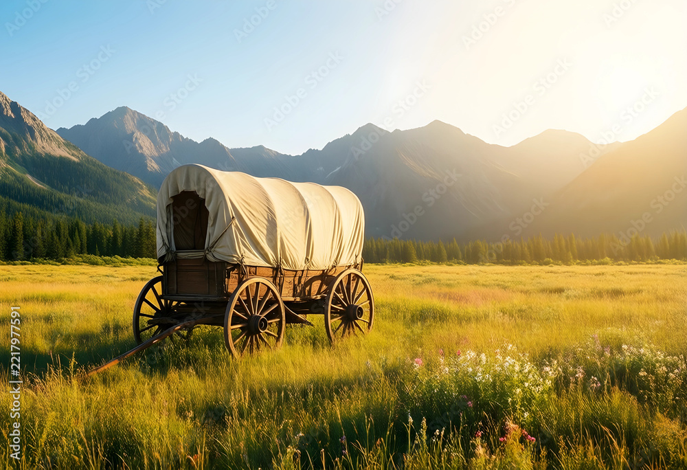 Naklejka premium Westward expansion and pioneer history, covered wagon in a mountain meadow at sunrise exploration and the american frontier heritage