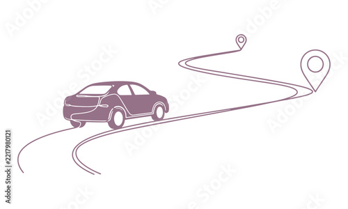 One continuous line drawing showing a car's path leading to a location pin pointer. The concept captures reaching your destination. It's all about travel and getting where you need to go.