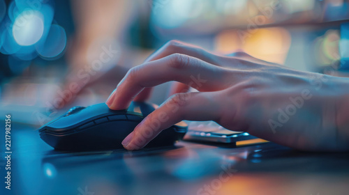 Professional using ergonomic mouse and keyboard in modern office workspace with blurred background