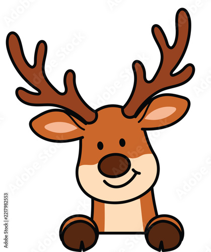 Playful reindeer peeking over vector art, Smiling reindeer cartoon popping out from the edge of frame illustration