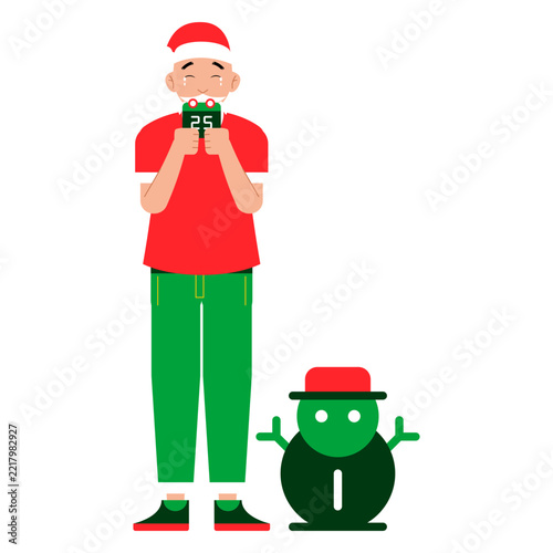 Santa Snowman Gift Character Santa Claus holding a festive device beside a snowman ideal for Christmas campaigns winter scenes and holiday promotions 