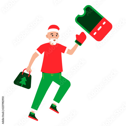 Santa Gift Character Santa Claus jumping while carrying a large gift and shopping bag ideal for Christmas promotions holiday campaigns and festive scenes 