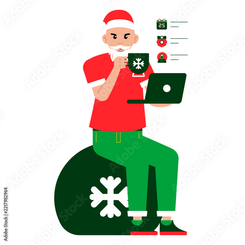 Santa Laptop and Coffee, Gift Bag Character Santa Claus sitting beside a gift sack with festive elements ideal for Christmas campaigns holiday scenes and gift giving themes 