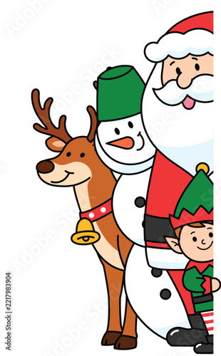 Cheerful Christmas character with Santa Claus, snowman with bucket, elf, reindeer peeking at the edge, Smiling Christmas cartoon peeking over from the edge of the frame illustration