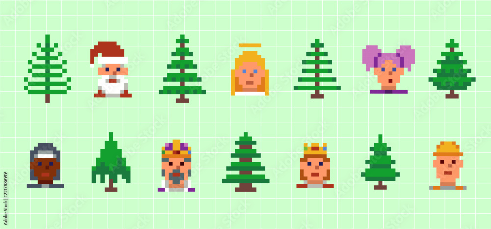 Fototapeta premium Christmas character icons in retro 8-bit pixel art style. Nostalgic arcade aesthetic and calm holiday mood