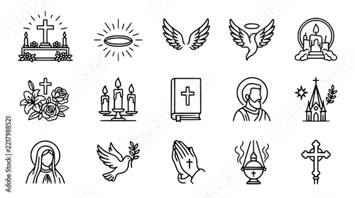 Christianity Symbols Icons Set: Cross, Angel, Dove, Bible, Candle, Praying Hands