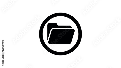 Black file folder icon in round frame for document management and digital storage system.