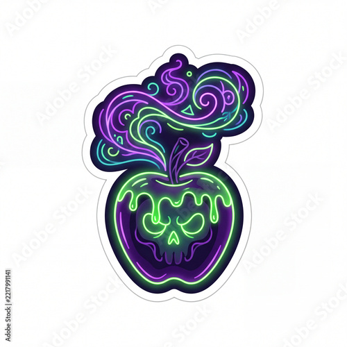 Poison Apple Sticker with Neon Skull and Magic Smoke Illustration