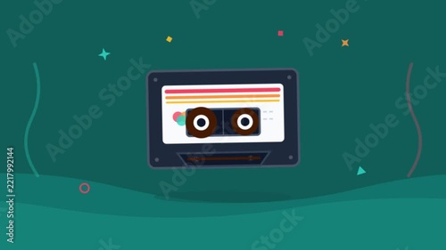 Flat vector illustration of a retro audio cassette tape on dark green background.