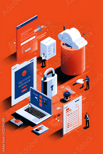 Isometric illustration of cloud cybersecurity with servers, laptop, digital interfaces, padlock, and users, representing secure data storage, network protection, and online access.