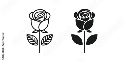 Rose Flower Icon Set With Stem And Leaves In Outline And Solid Black Style