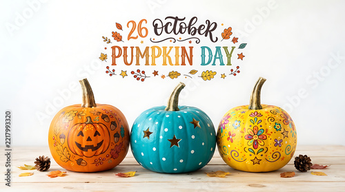  jack-o'-lantern, a teal one with star cutouts, and a yellow one painted with colorful floral patterns; autumn leaves and pinecones; text reads 