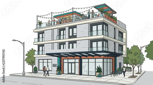 Modern Mixed-Use Building with Rooftop Terrace and Street Level Shops, Architectural Illustration