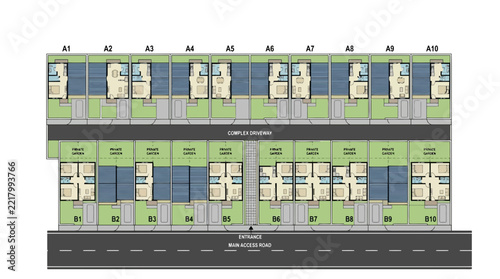 Modern Townhouse Floor Plan Layout with Private Gardens and Parking - Architectural Blueprint