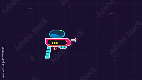 Neon futuristic water pistol toy graphic design in vibrant colors on dark background.