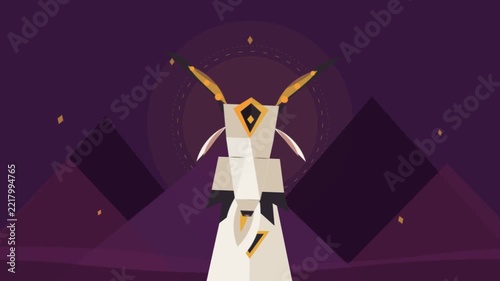 Stylized flat illustration of a geometric goat standing before abstract mountain peaks.