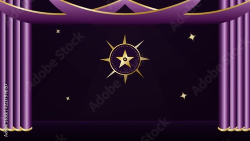 Elegant theatrical stage with purple curtains and a glowing golden star emblem design.