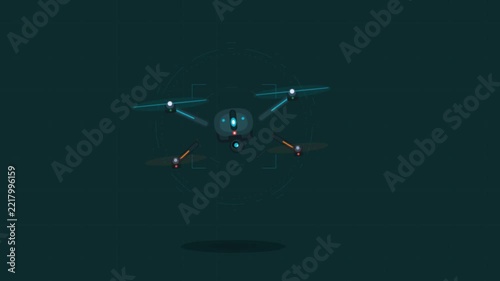 Modern drone flying in dark atmosphere with digital glowing light effects and motion blur.