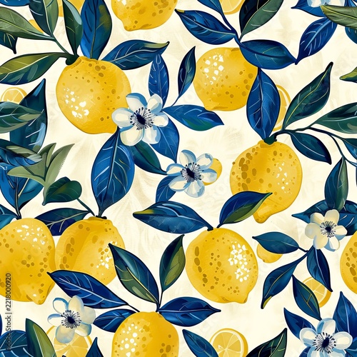A vibrant pattern featuring juicy lemons and lush green leaves. This illustration captures freshness and vitality. Perfect for designs needing a touch of nature. AI
