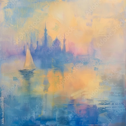A mesmerizing pastel sunset casts a dreamlike glow over a serene waterfront. Silhouettes of a distant castle and sailboat enhance the tranquil scene. Ideal for calming decor. AI
