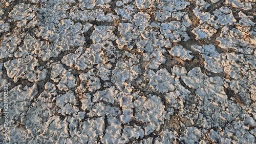 Top View Close Up of Dry and Cracked Earth Soil Texture Due to Climate Change and Extreme Drought
