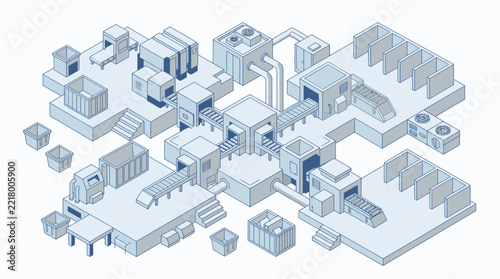 Production facility shows an intricate network of conveyor belts and industrial processing units arranged in an isometric grid.
