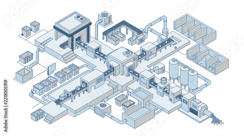 Manufacturing plant layout displays an interconnected conveyor network with multiple automated workstations in an isometric style.