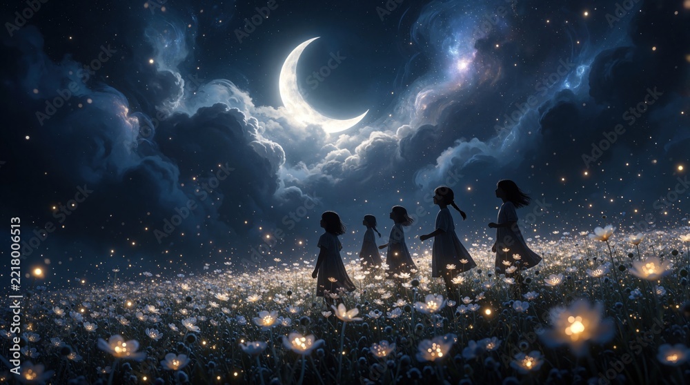 Naklejka premium Group of young girls walk through magical flower field at night under crescent moon. Dreamy fantasy landscape with glowing blossoms, starry sky. Silhouettes of children explore mystical garden during