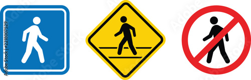 Pedestrian Crossing and Walking Restriction Road Safety Sign Icon Set