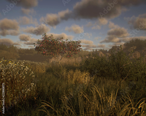 Blossoming european spindle tree in a hilly misty meadow with tall grasses and plants under a cloudy sky. 3D render.