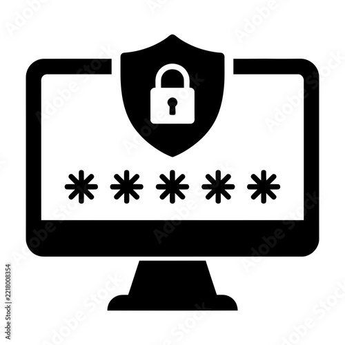 Computer monitor with password and shield icon on screen security concept