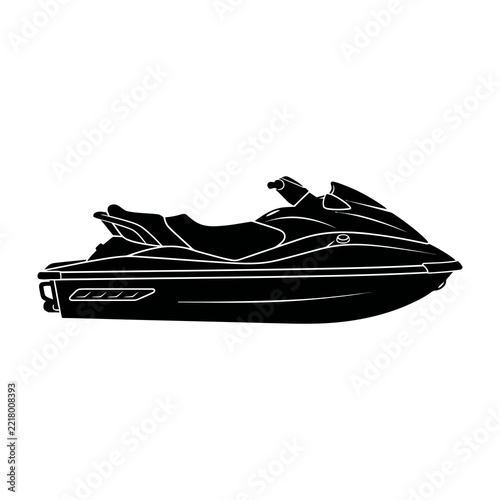Black silhouette of a modern personal watercraft jet ski on a plain white background