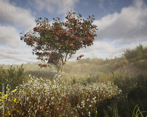 Blossoming european spindle tree in a hilly misty meadow with tall grasses and plants under a cloudy sky. 3D render.