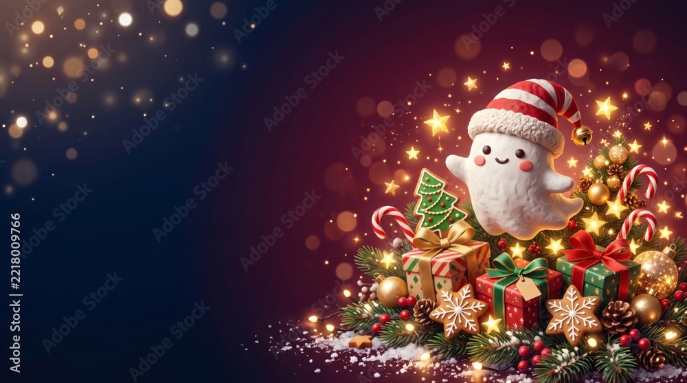 Obraz premium Dark magic Christmas background with gift tree and smiling snowman